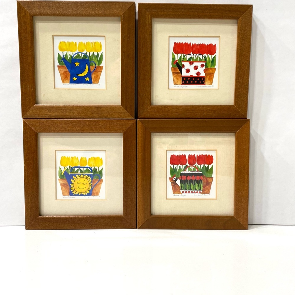 Frames- Wall Art set of 4 “Watering pot Flowers” watercolor art pictures. 6”X6”.